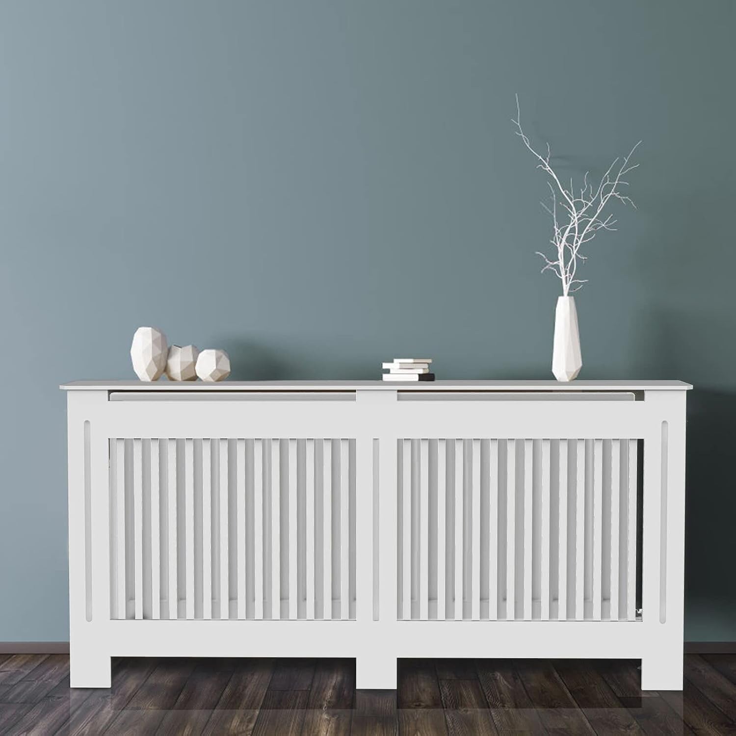 Tall White MDF Radiator Cover 100cm Internal Height Slatted Cabinet Shelf
