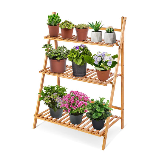 3 Tier Bamboo Plant Stand Foldable Ladder Shelf Indoor Outdoor