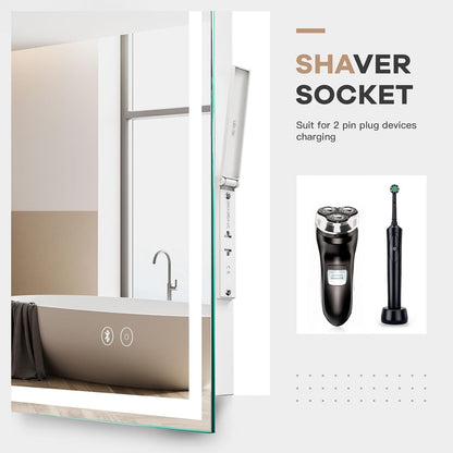 LED Bathroom Mirror Bluetooth Speaker Shaver Socket Anti Fog 50x70cm Dimmable