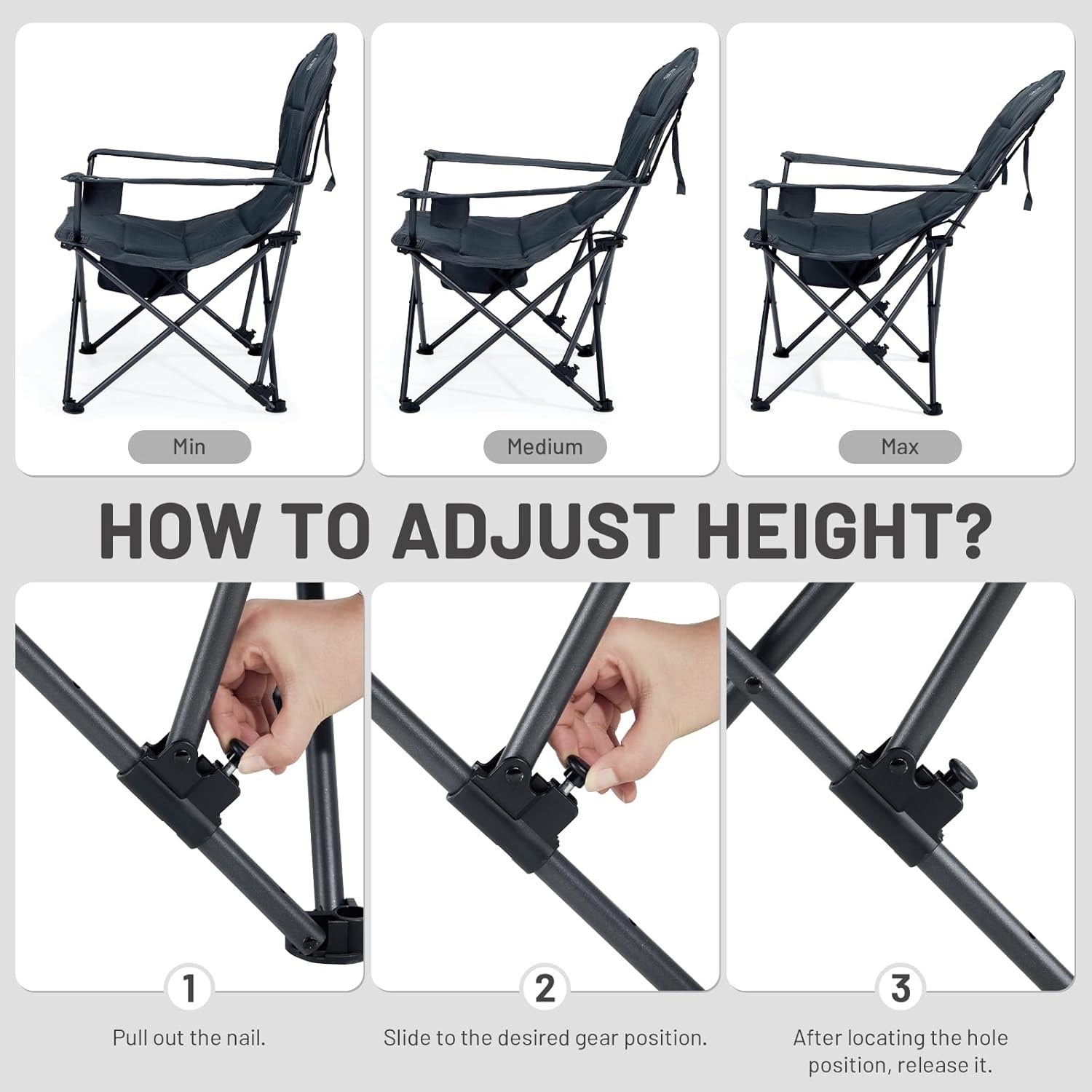 Folding Camping Chair Recliner 150kg Extra Wide 3 Position Cup Holder Black