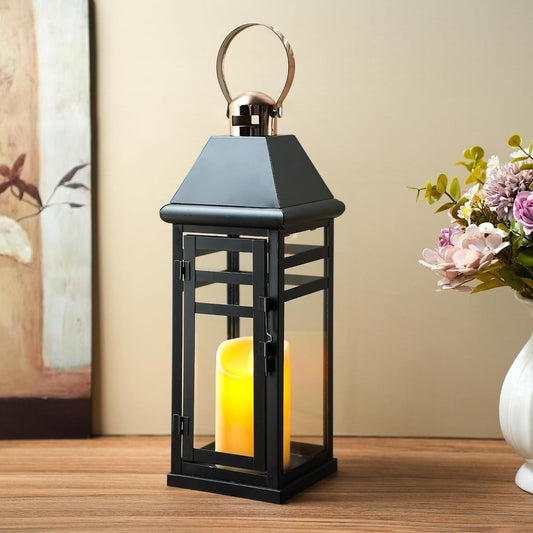 Lantern Candle Holder Vintage Metal Glass 39cm Black Hanging Indoor Outdoor