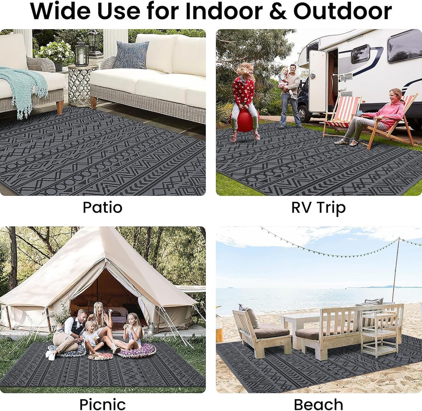 Outdoor Patio Garden Rug 270x360cm Waterproof Reversible Black Grey Camping Mat