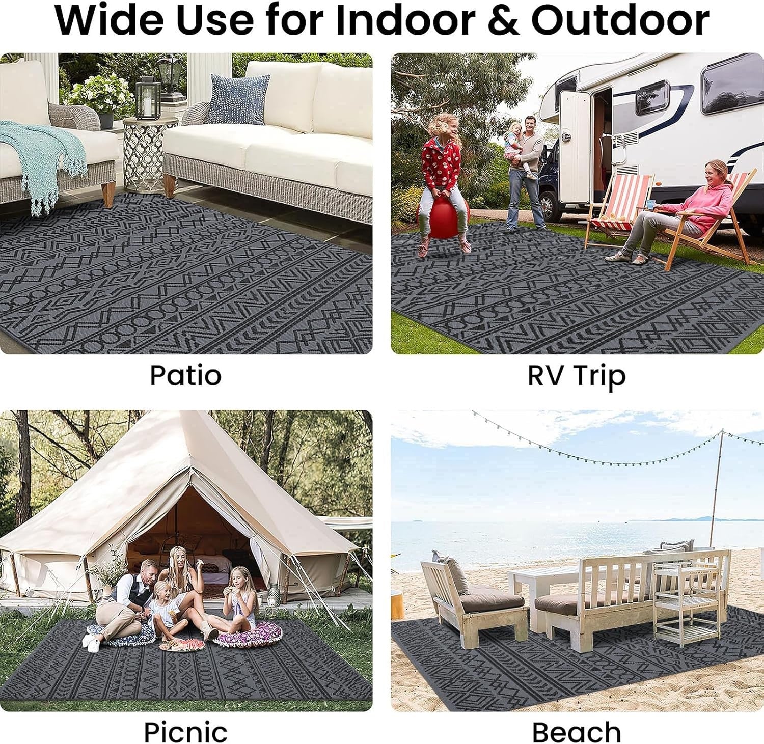 Outdoor Patio Garden Rug 270x360cm Waterproof Reversible Black Grey Camping Mat