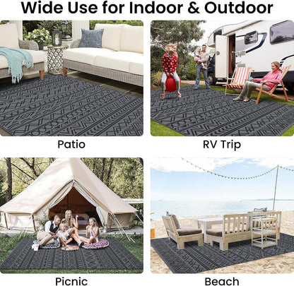 Outdoor Patio Garden Rug 270x360cm Waterproof Reversible Black Grey Camping Mat