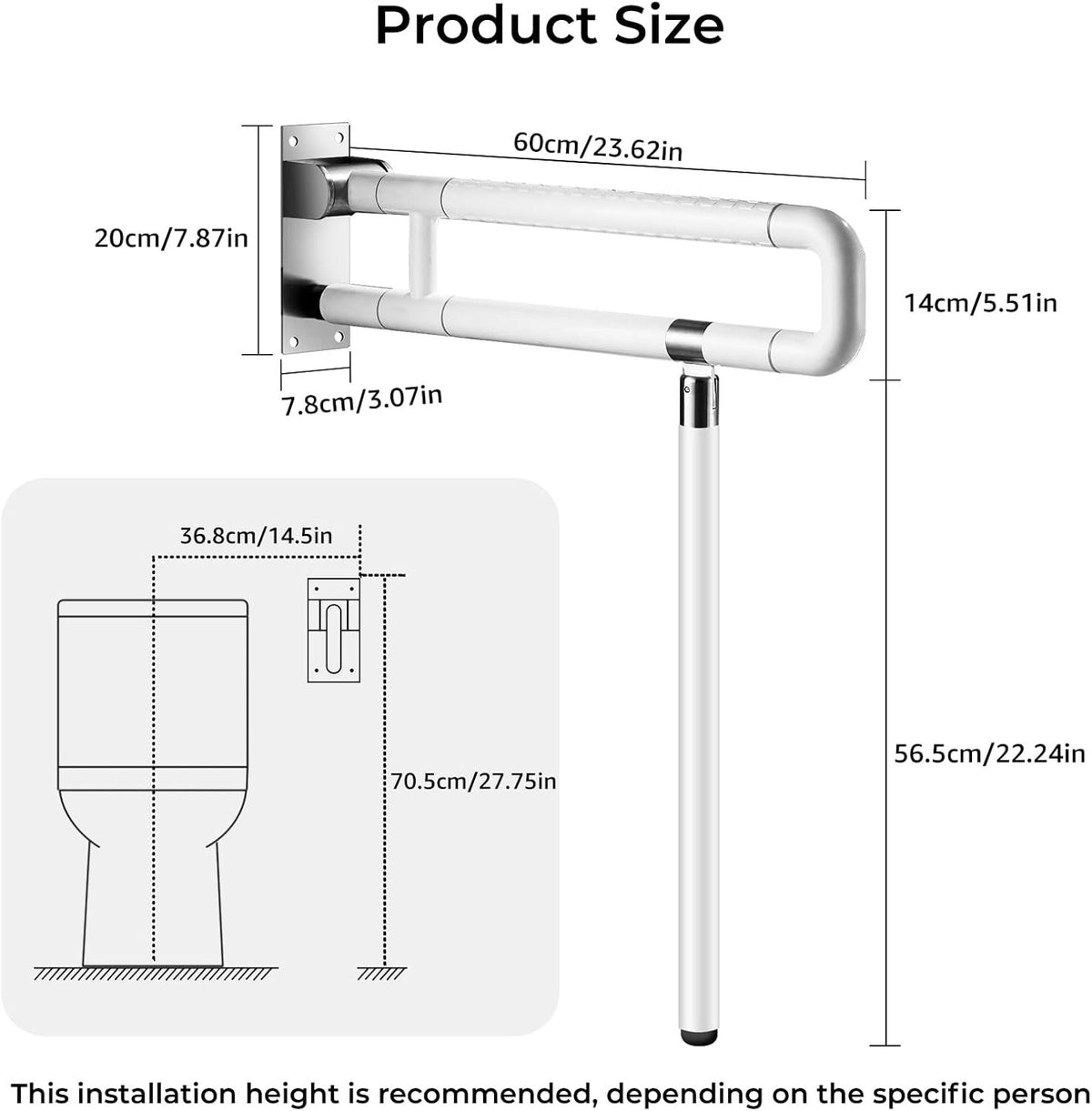 Toilet Grab Rail Foldable 65cm Wall Mounted Stainless Steel Bathroom Support Whi