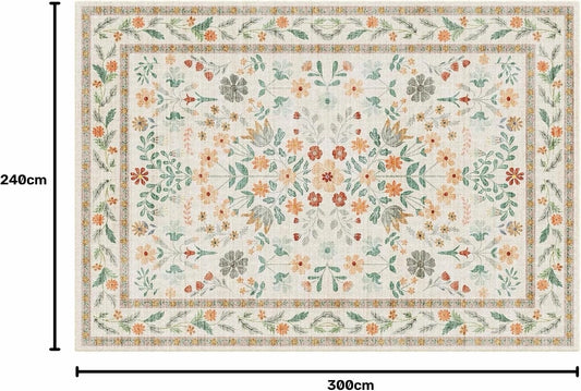 Large Living Room Rug Carpet 240x300cm Beige Vintage Floral Washable Non Slip