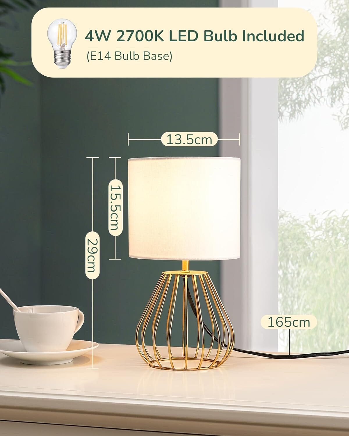 EDISHINE Bedside Lamp Table Lamp with Metal Cage Base & Linen Lampshade Gold