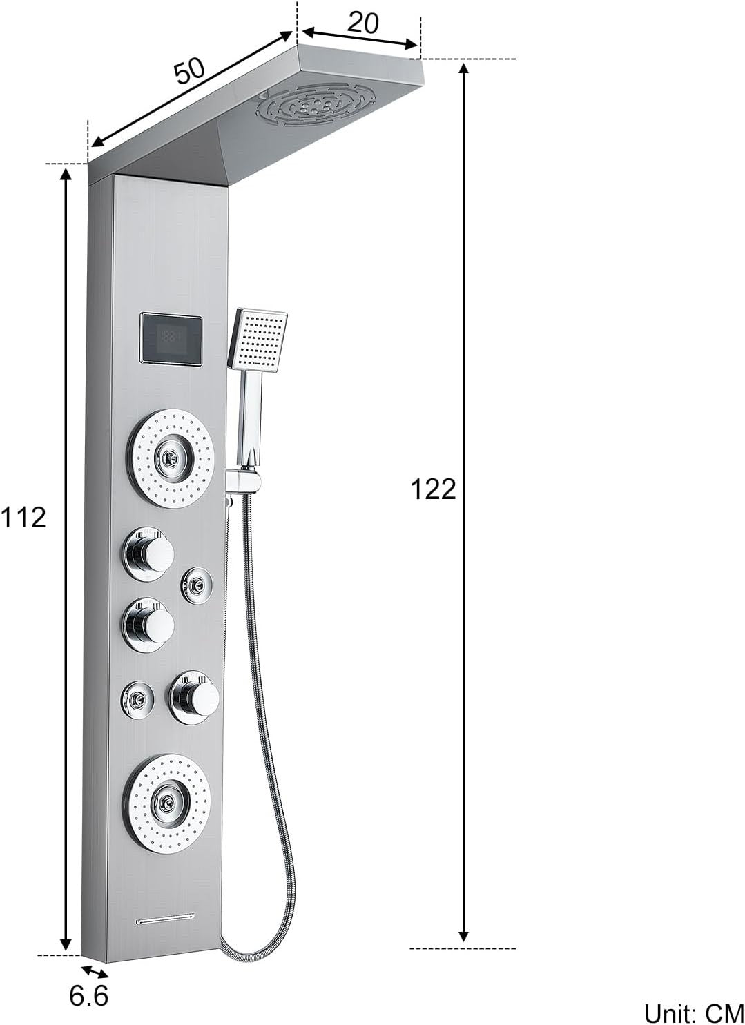 Shower Panel Tower 6 Function LED Display Rain Mist Jets Handset Mixer Brushed