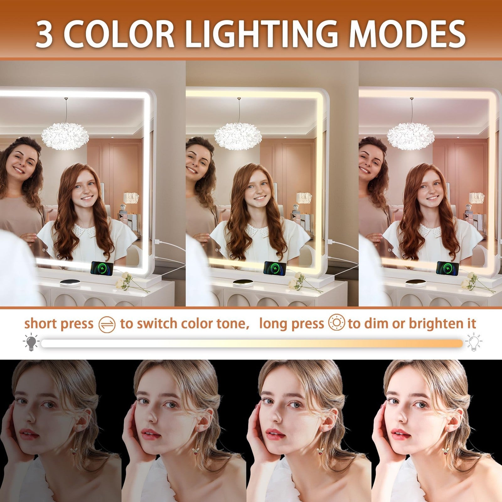 Hasipu LED Vanity Mirror 95x65cm Lighted Makeup Mirror 3 Mode Dimmable Touch