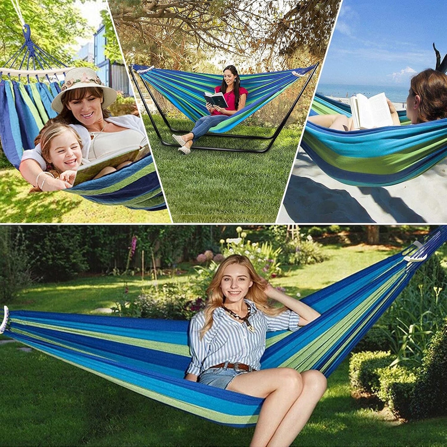 Double Cotton Hammock Stand Adjustable Steel Frame Blue 2 Person Carry Bag Set