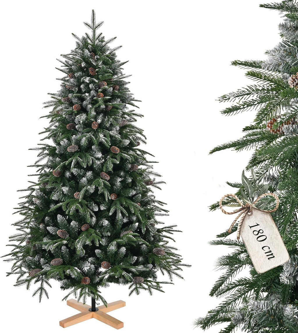 180cm Snow Flocked Artificial Christmas Tree PE PVC Pinecones Wood Stand