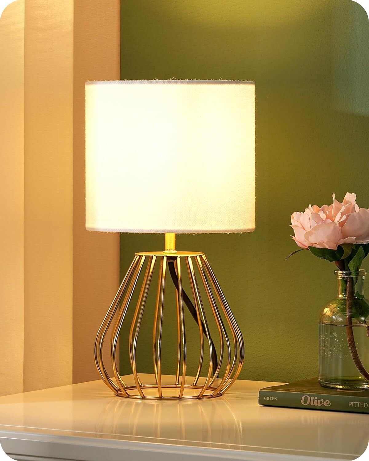 EDISHINE Bedside Lamp Table Lamp with Metal Cage Base & Linen Lampshade Gold