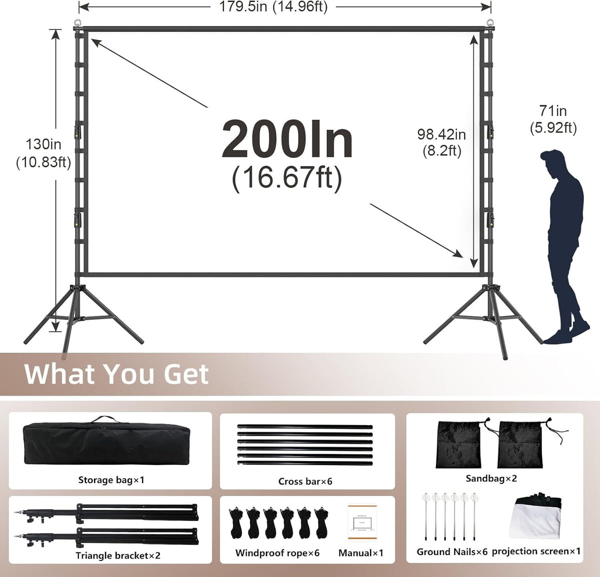 Projector Screen 200 Inch 16:9 4K Portable Stand Carry Bag Indoor Outdoor Cinema