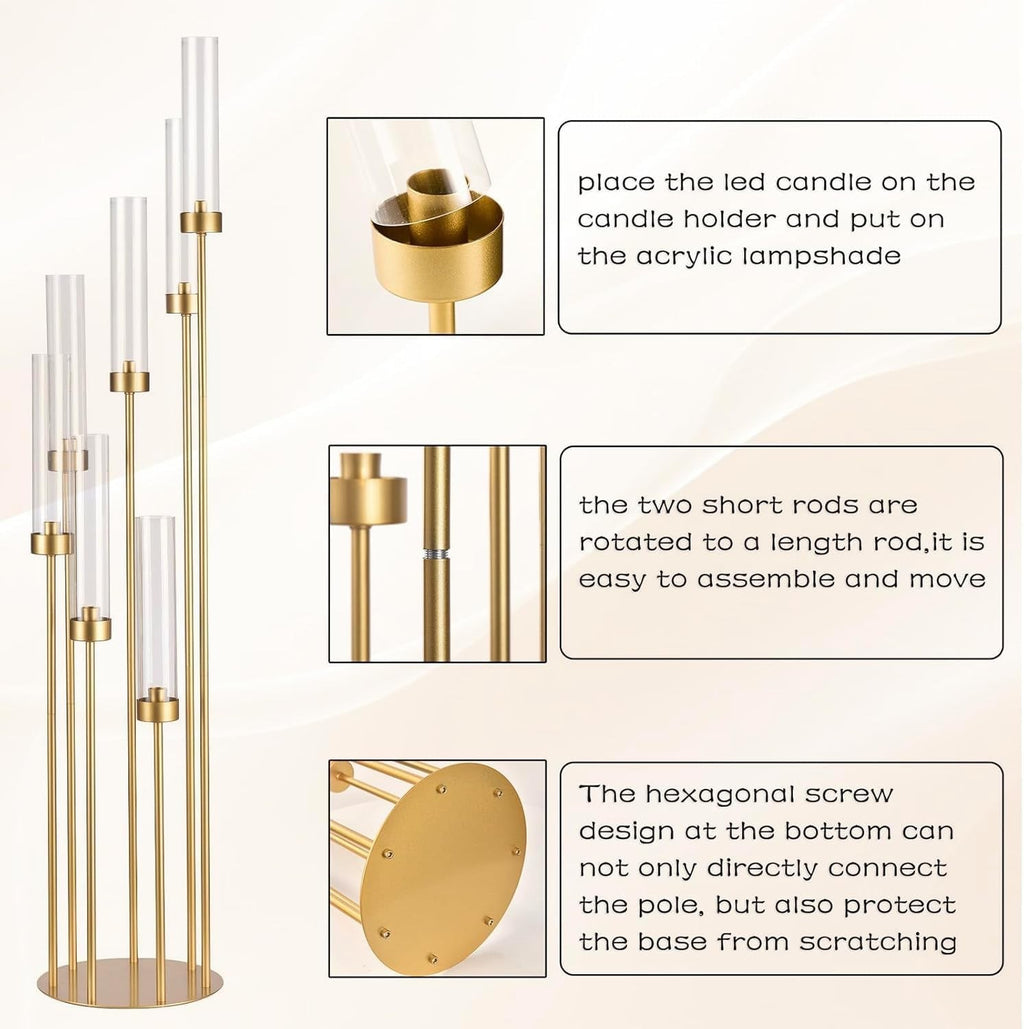 MYOYAY 4 Sets Gold 7-Arm Floor Candelabra Metal Candle Holders with Lampshades