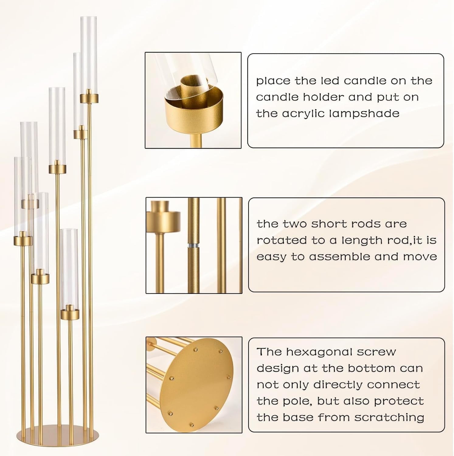 MYOYAY 4 Sets Gold 7-Arm Floor Candelabra Metal Candle Holders with Lampshades