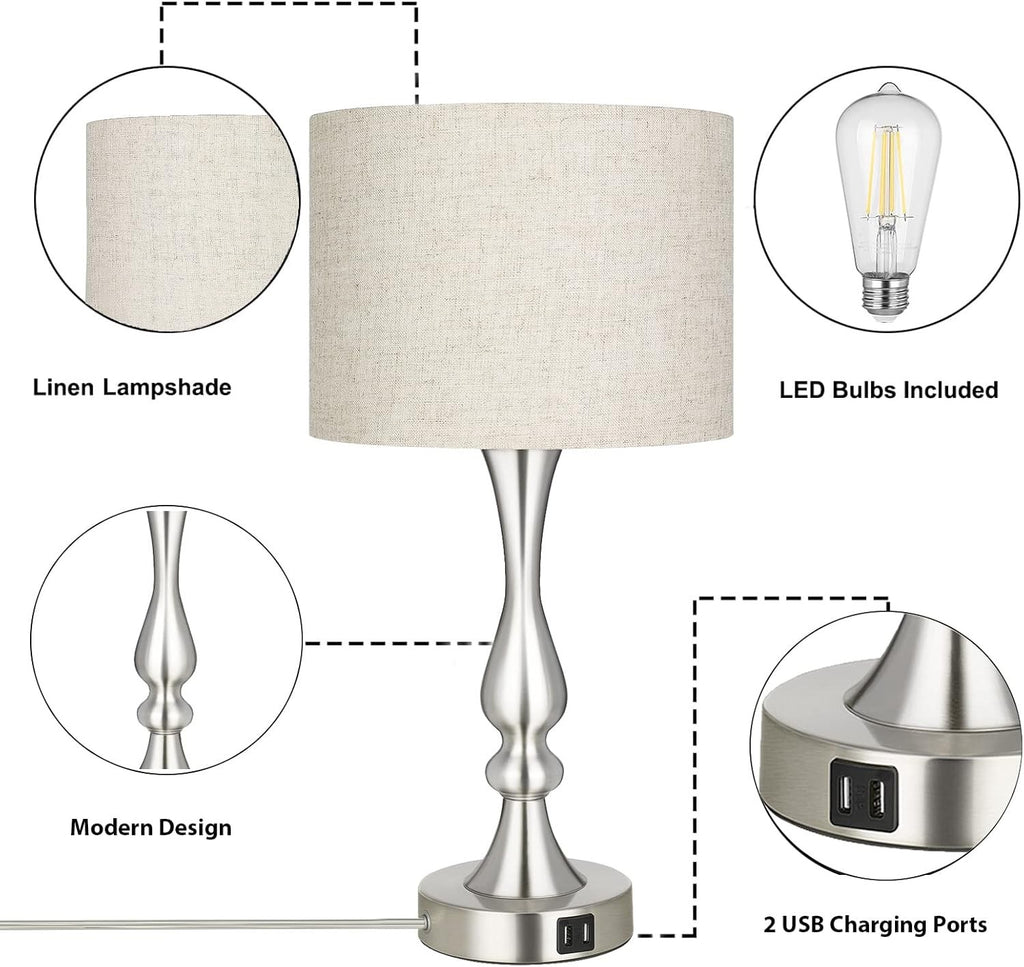 EDISHINE Bedside Lamps Set of 2 - 3 Way Dimmable Touch Lamp with USB Charging