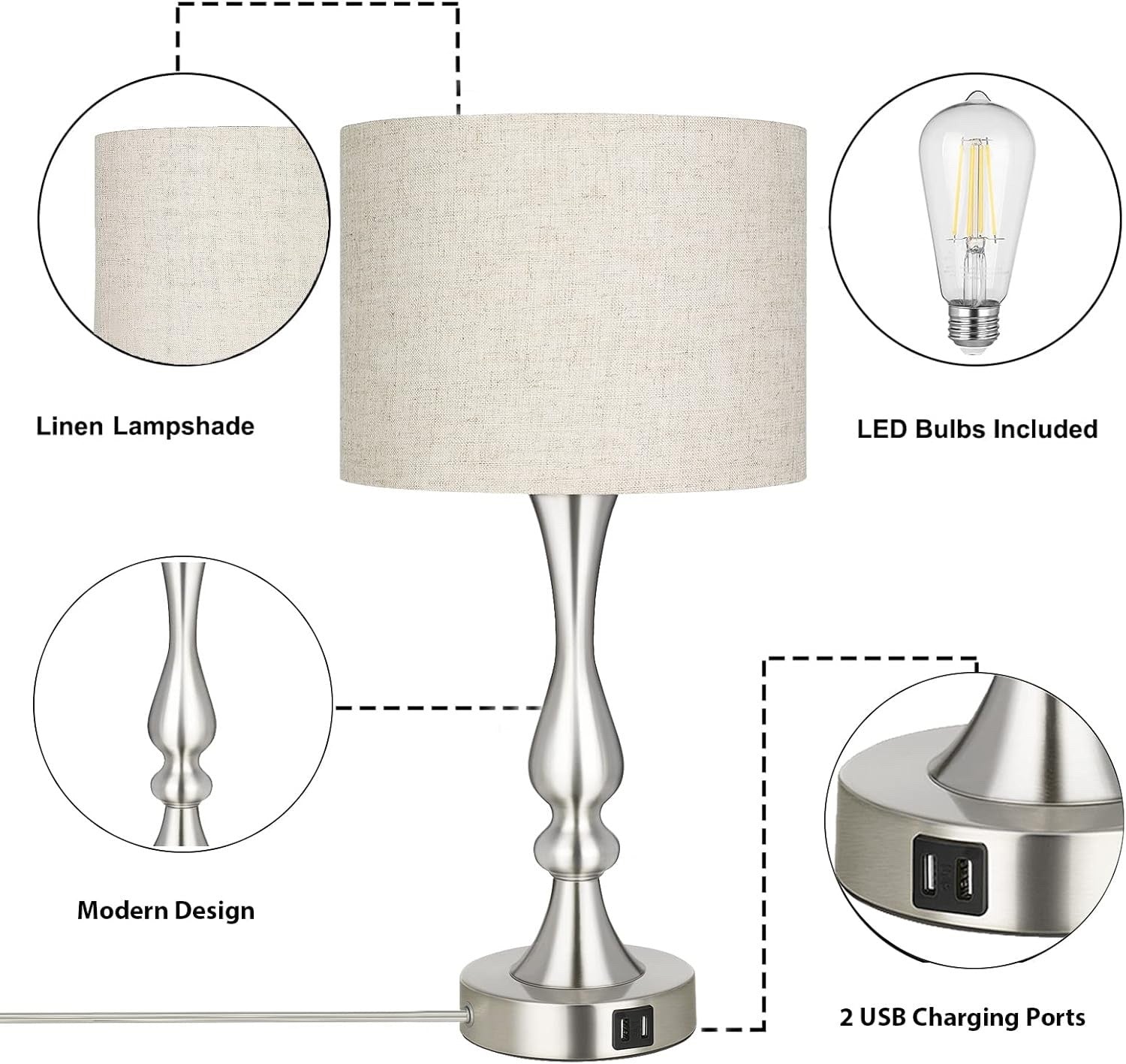 EDISHINE Bedside Lamps Set of 2 - 3 Way Dimmable Touch Lamp with USB Charging