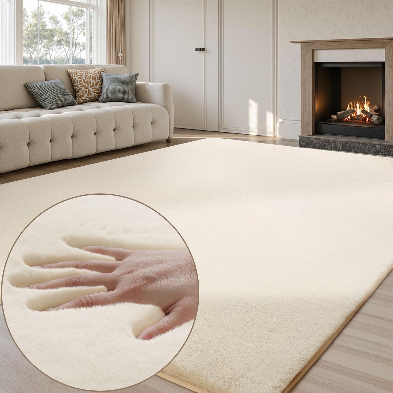 Large Faux Rabbit Fur Area Rug 200x300cm Beige Anti Slip Soft Carpet Living Room
