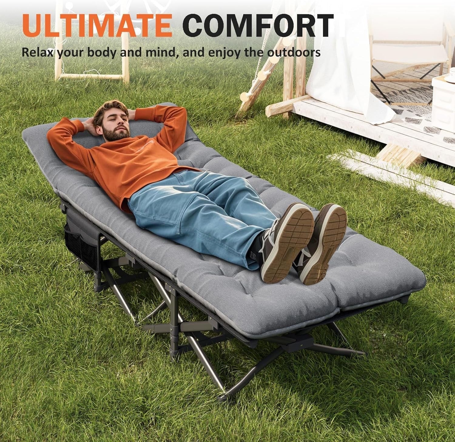 Camping Bed Folding Cot Adult Grey Cushion Portable Carry Bag 450lbs Travel