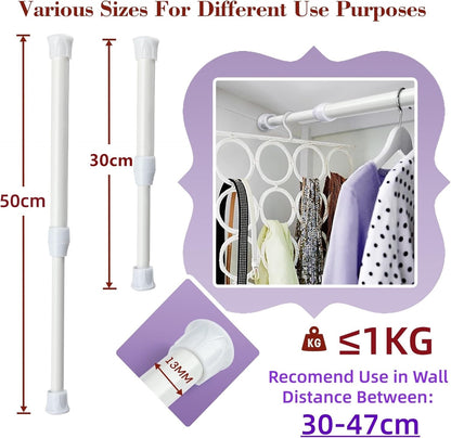 White Extendable Shower Curtain Rod Adjustable Tension Pole No Drill Bathroom showing various sizes for different uses.