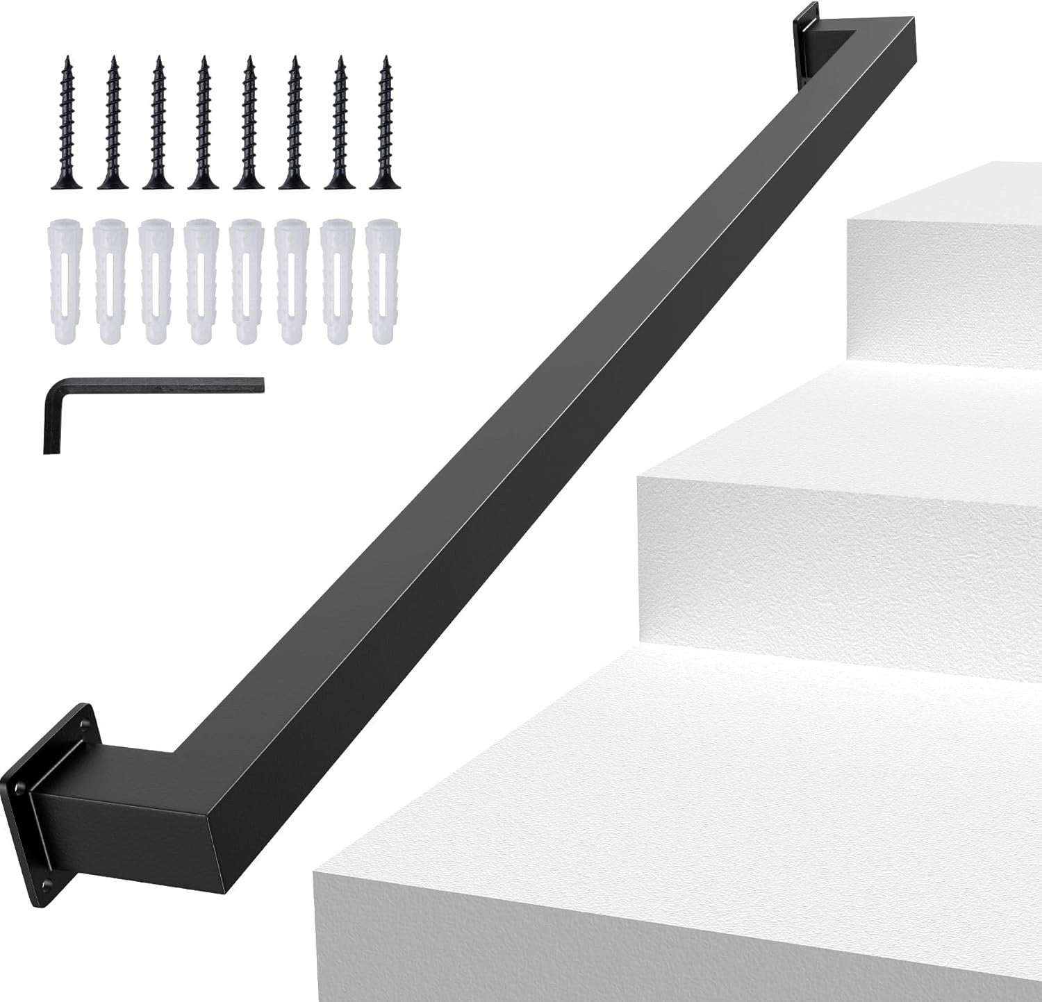 Wall Mounted Stair Handrail Carbon Steel Non Slip Indoor Outdoor Black
