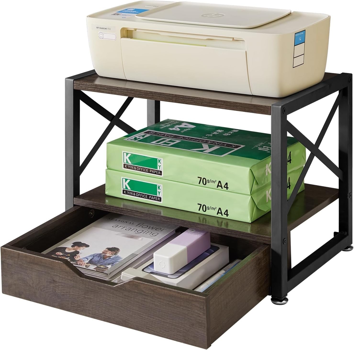 Printer Stand Desktop 2 Tier Storage Drawer Shelf Grey Wood Office Organizer