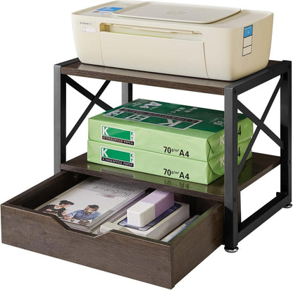 Printer Stand Desktop 2 Tier Storage Drawer Shelf Grey Wood Office Organizer