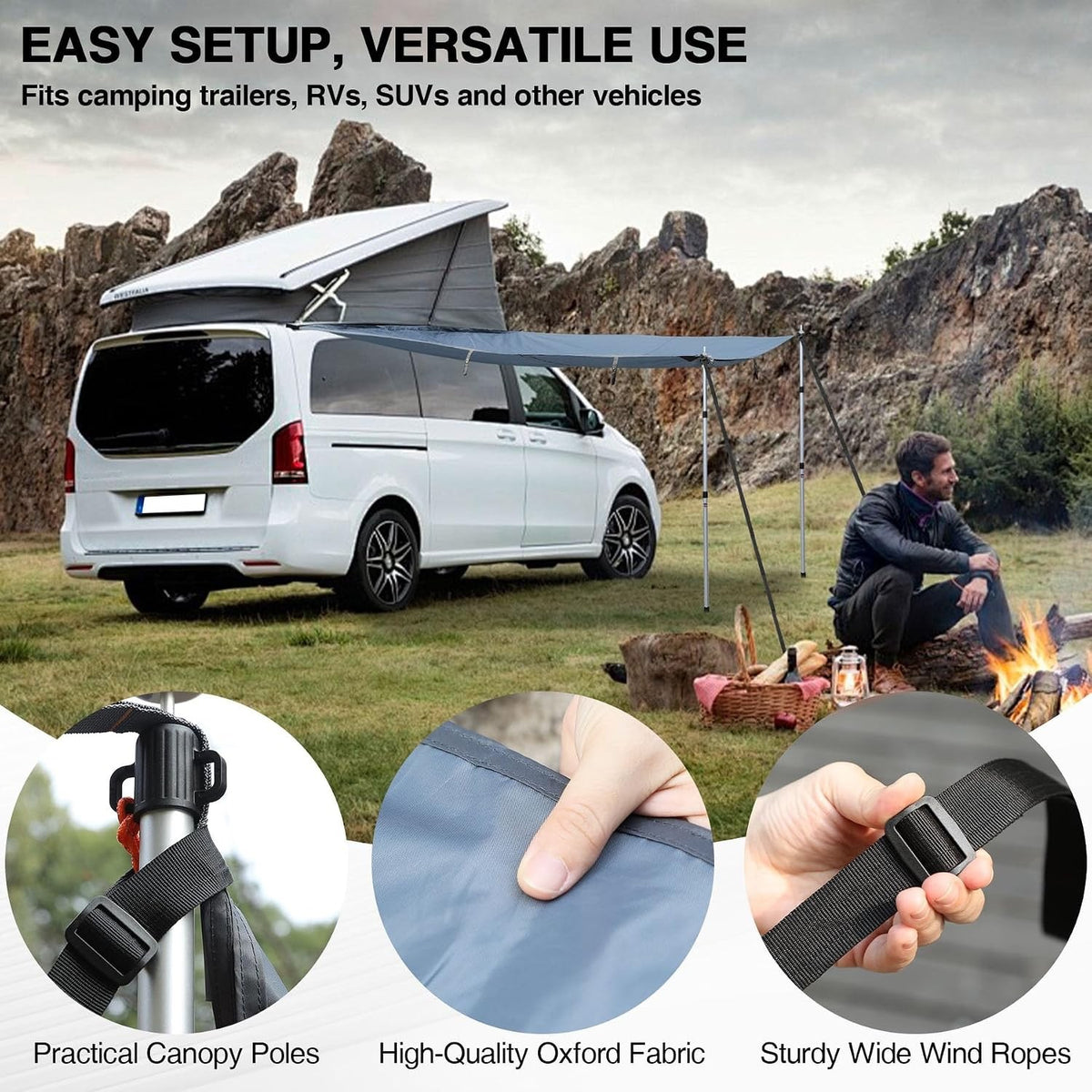 Campervan Awning Sun Canopy 250x240cm Waterproof Van Sunshade Rail Suction Cup K