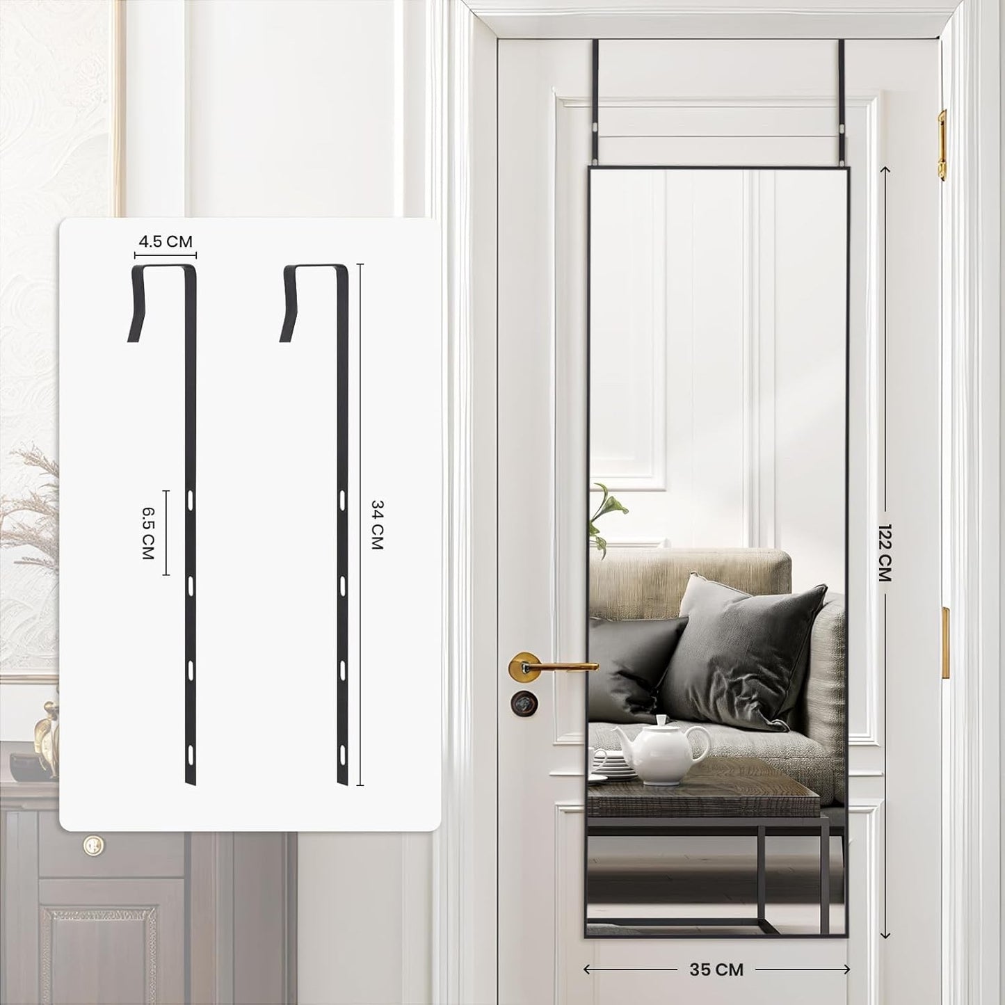 Over Door Full Length Mirror 122x35cm Black Aluminium Frame Bedroom Hanging