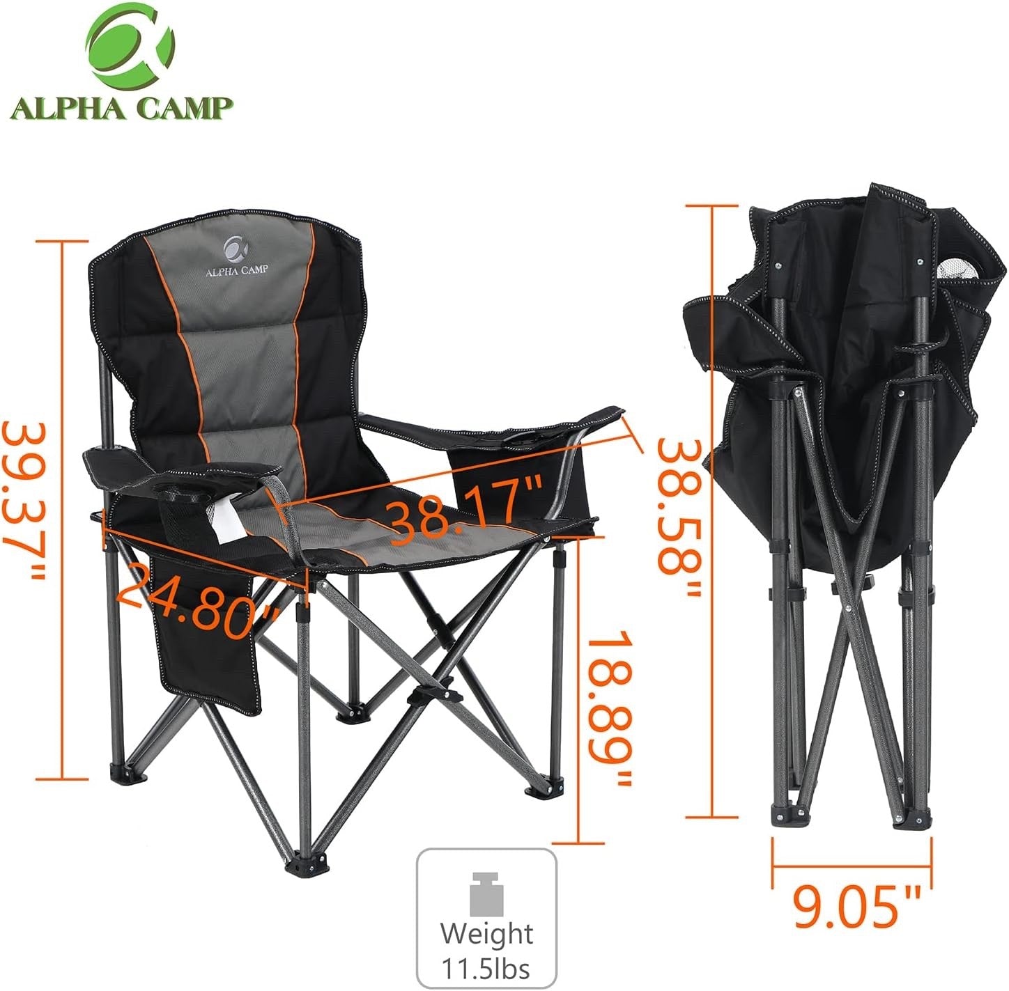 Camping Folding Chair Oversized Heavy Duty Padded Outdoor Seat Carry Bag Black