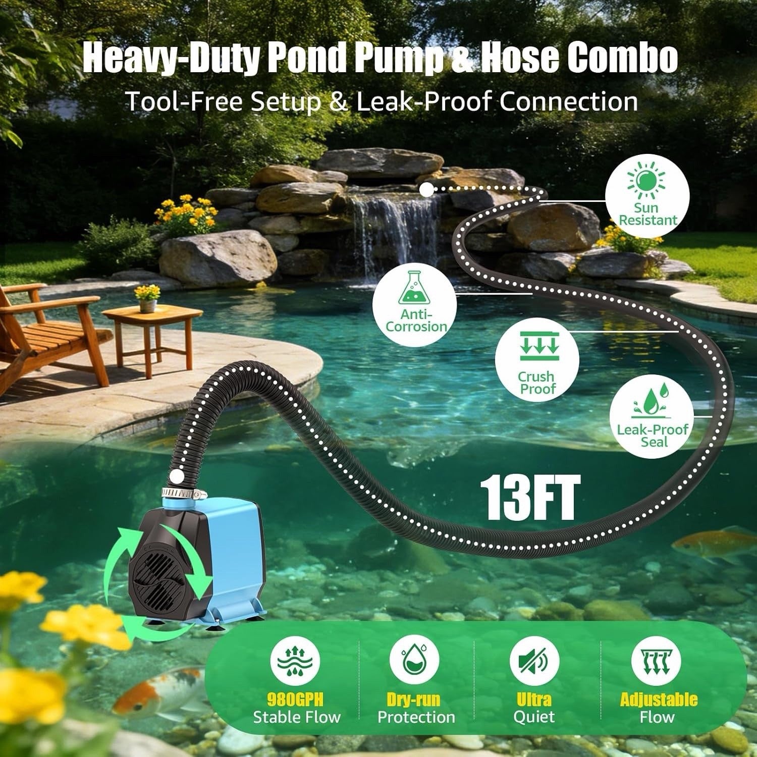 Pond Waterfall Filter Kit 980GPH Pump 13ft Hose 3000 Gallon Outdoor Garden Pond