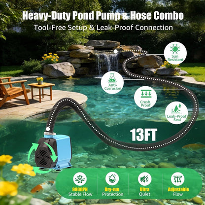 Pond Waterfall Filter Kit 980GPH Pump 13ft Hose 3000 Gallon Outdoor Garden Pond