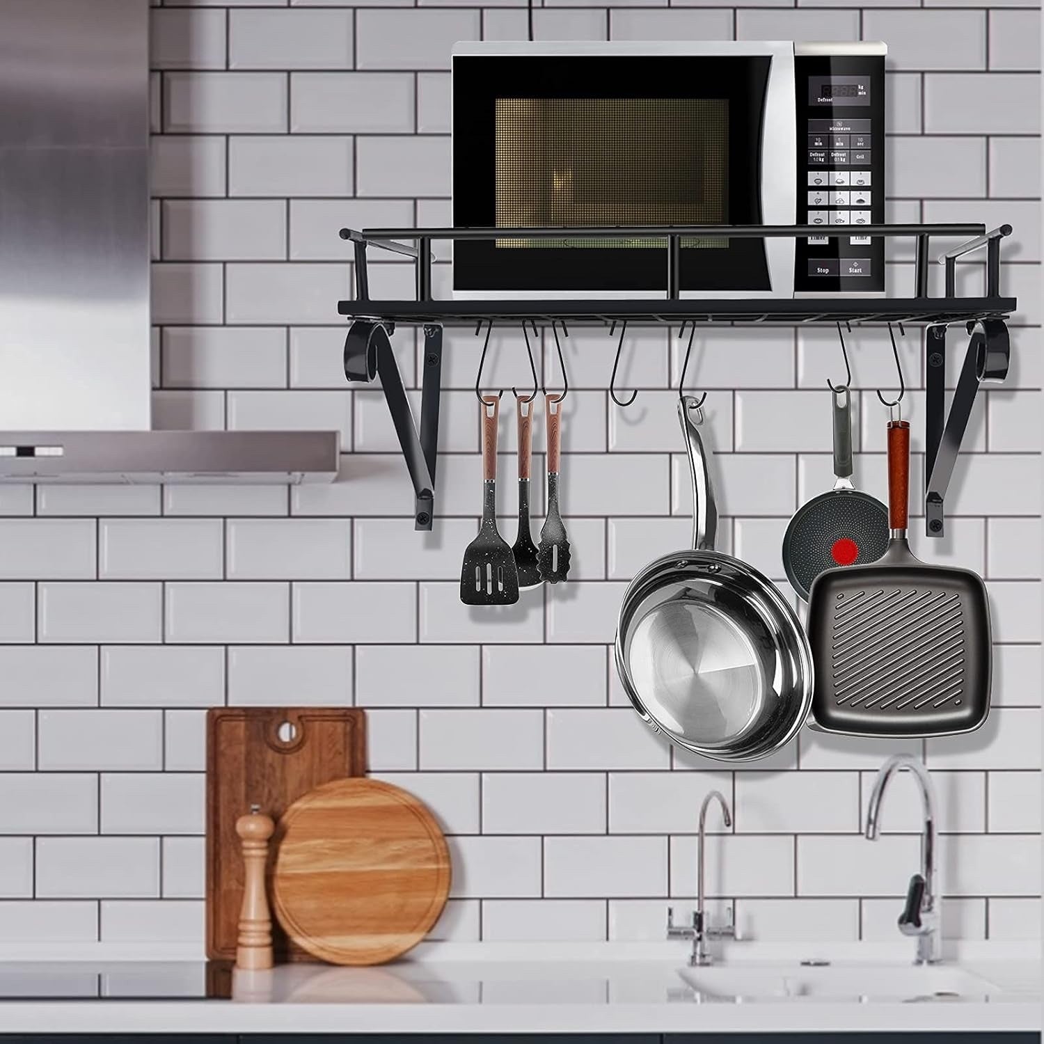 Metal Hanging Pan Pot Rack Wall Mounted With 10 Hook Holders Kitchen Storage