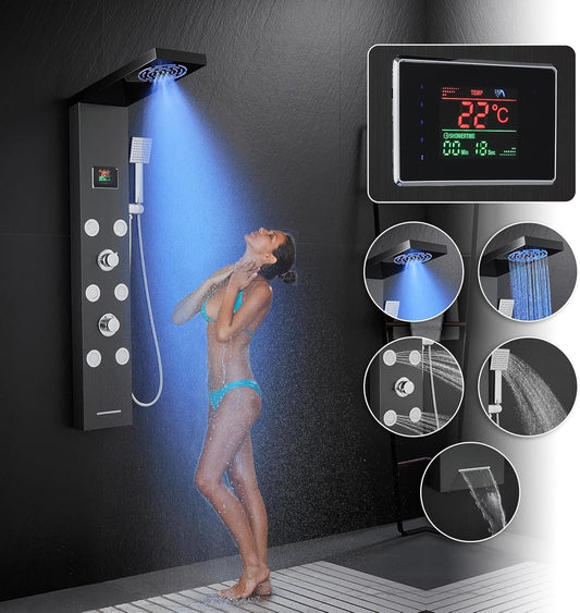 Shower Panel LED Temperature Display Rain Mist 6 Massage Jets Handheld Black