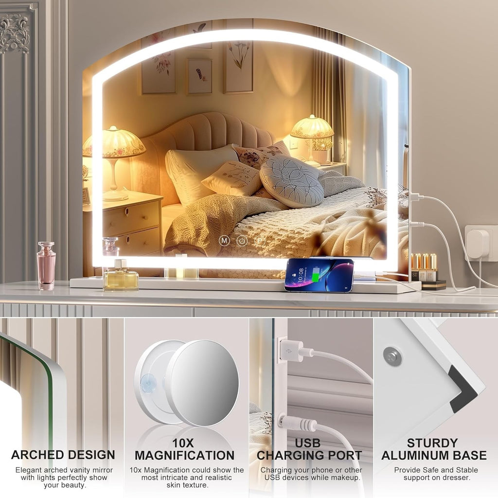 80x60cm Arch LED Vanity Mirror 10X Magnify 3 Color Dimmable USB Makeup