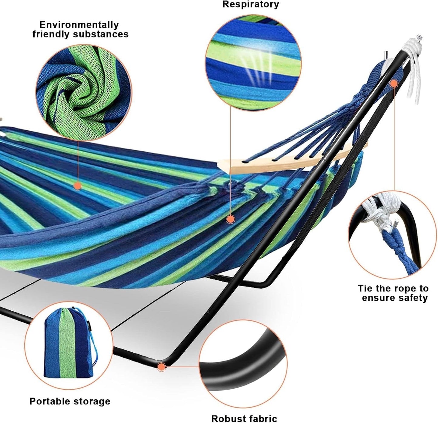 Double Cotton Hammock Stand Adjustable Steel Frame Blue 2 Person Carry Bag Set