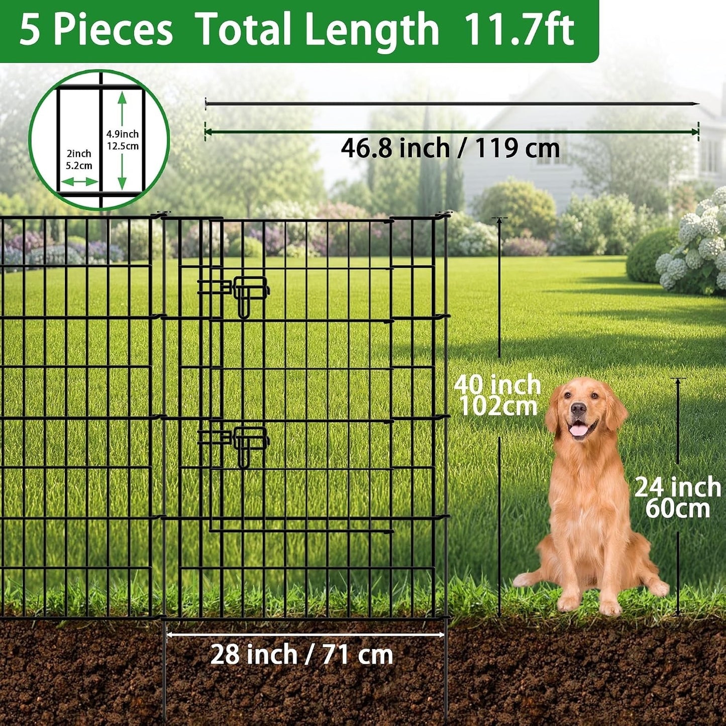 Metal Garden Fence Panels 4Pc Gate Black No Dig Pet Barrier Outdoor 3.5m 101cm