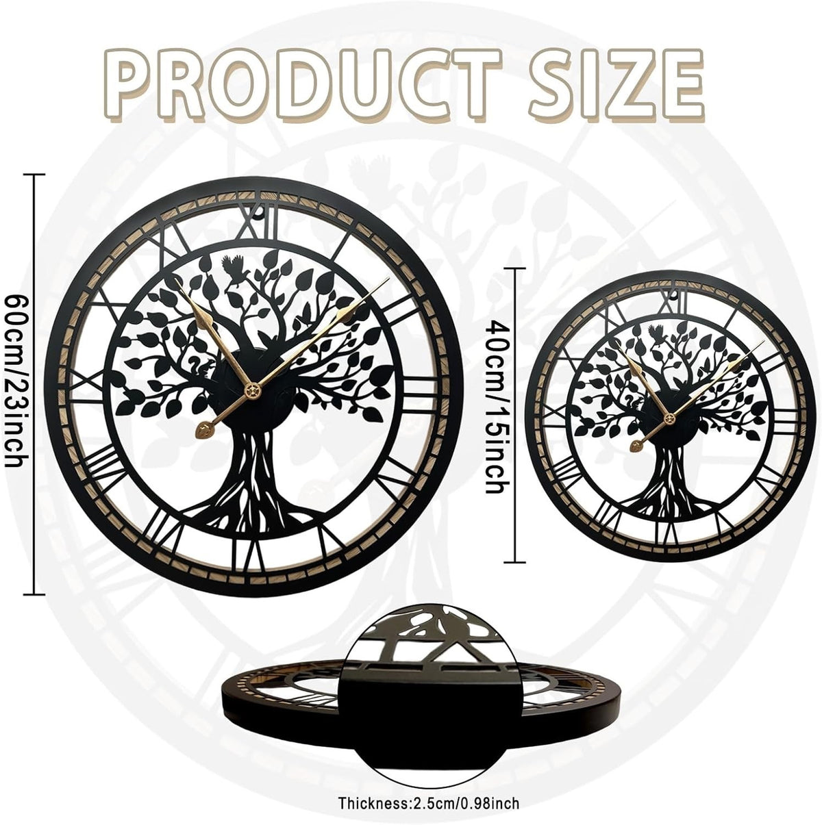 Tree of Life Wall Clock 40cm Large Black Metal Silent Non Ticking Quartz Home