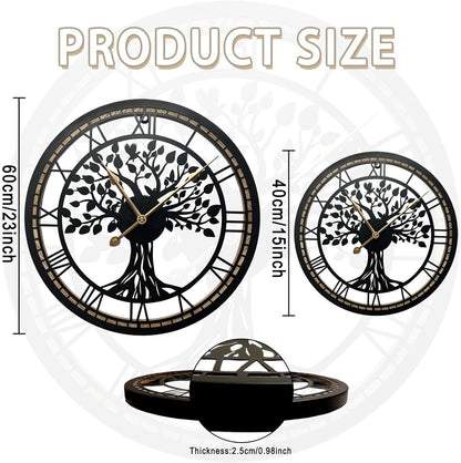 Tree of Life Wall Clock 40cm Large Black Metal Silent Non Ticking Quartz Home