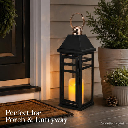 Lantern Candle Holder Vintage Metal Glass 39cm Black Hanging Indoor Outdoor