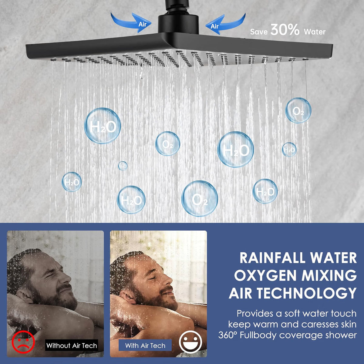 Shower Riser Rail Kit 8in Black Adjustable 79-128cm Rainfall Anti-Leak Hose Set
