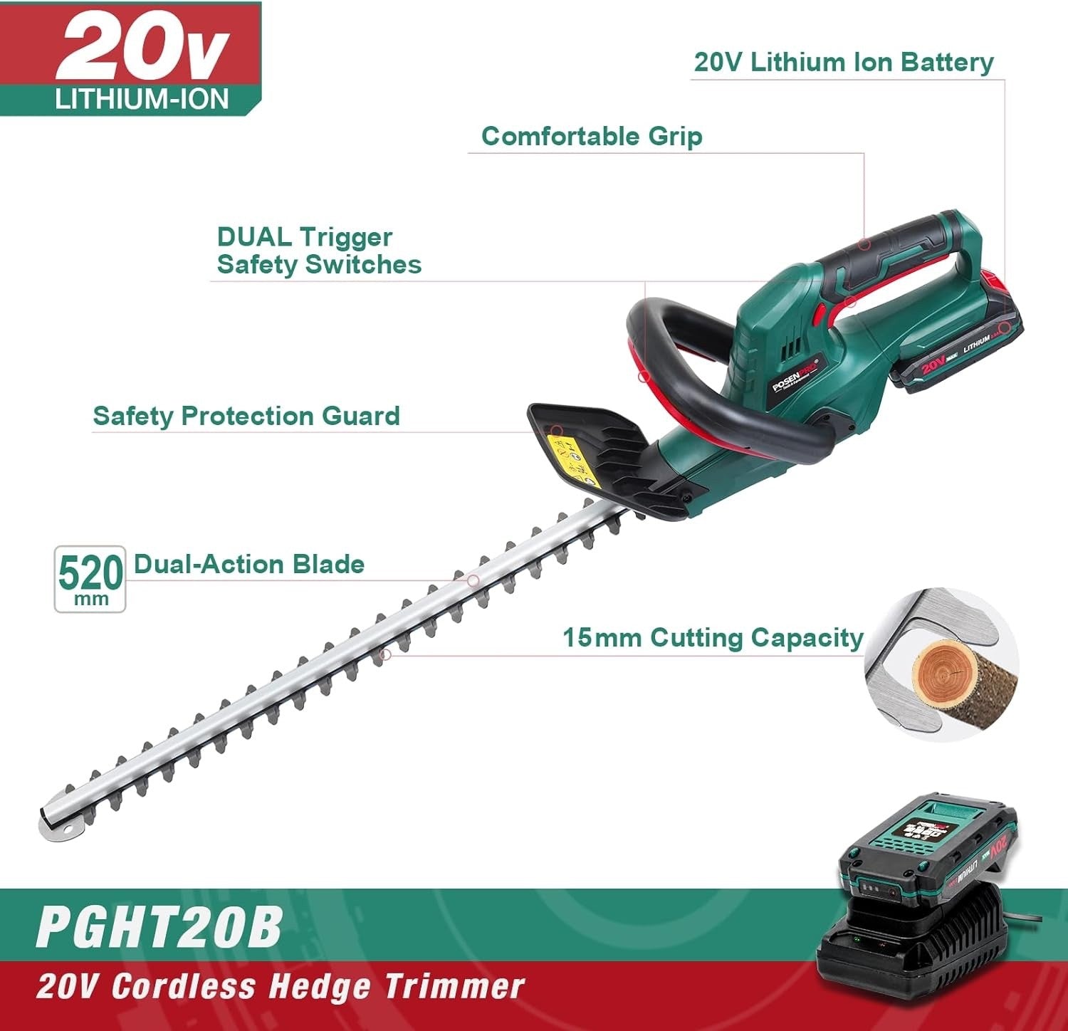 POSENPRO 20V Cordless Hedge Trimmer 520mm Blade with 2.0Ah Battery & Charger