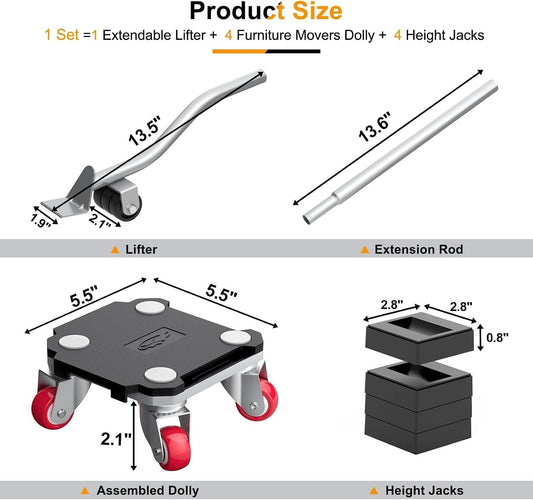 Furniture Movers Dolly Kit Heavy Duty 550kg 4 Wheel Lifter Set Moving Tool Black