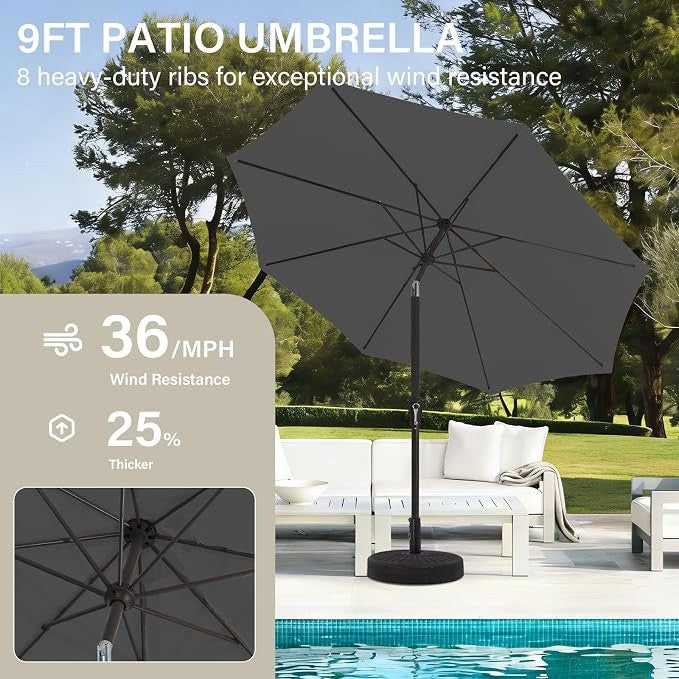 Garden Parasol 2.7m Grey Patio Umbrella UPF50+ Tilt Steel 8 Rib UV Sun Shade