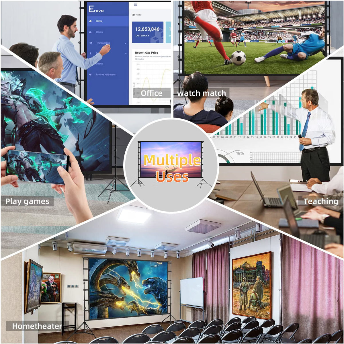 Projector Screen Stand Portable 150in 4K HD Anti-Crease Front Rear Garden Cinema