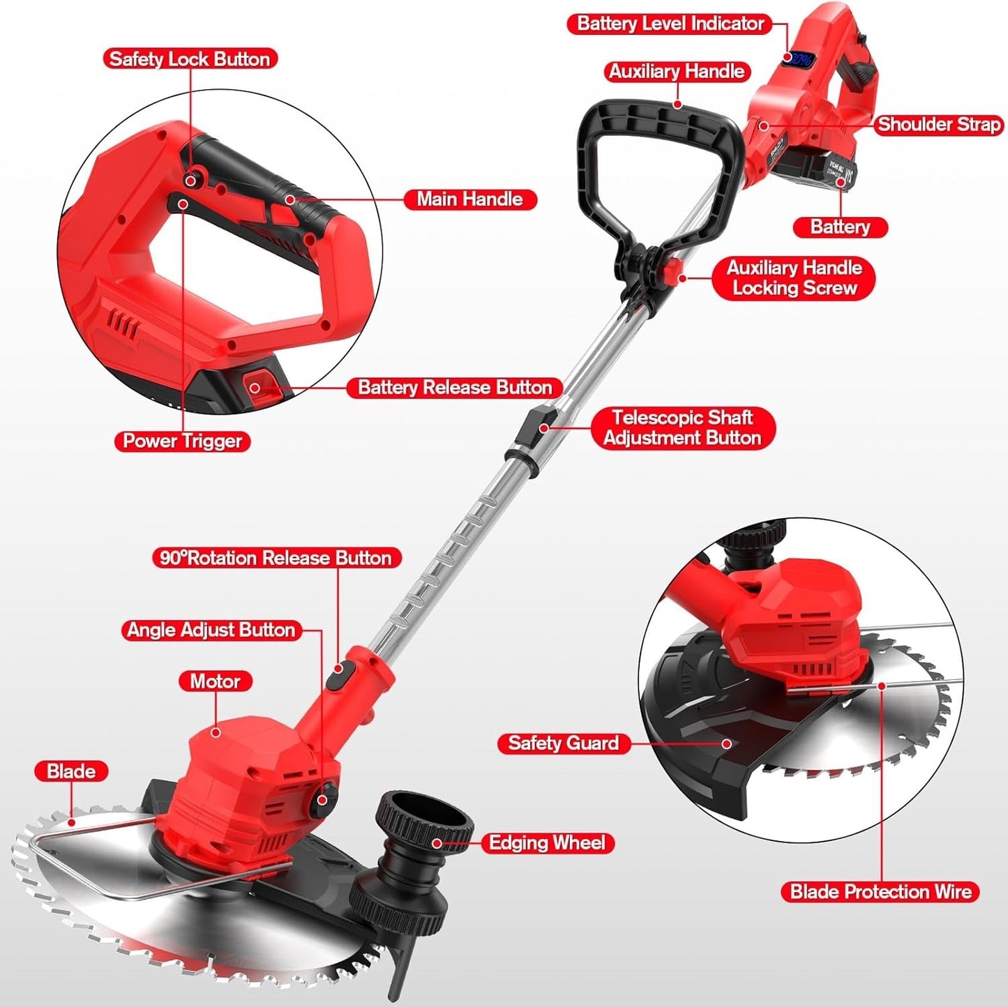 Cordless Strimmer Grass Trimmer 21V 2 Batteries 14 Blades LCD Telescopic Garden