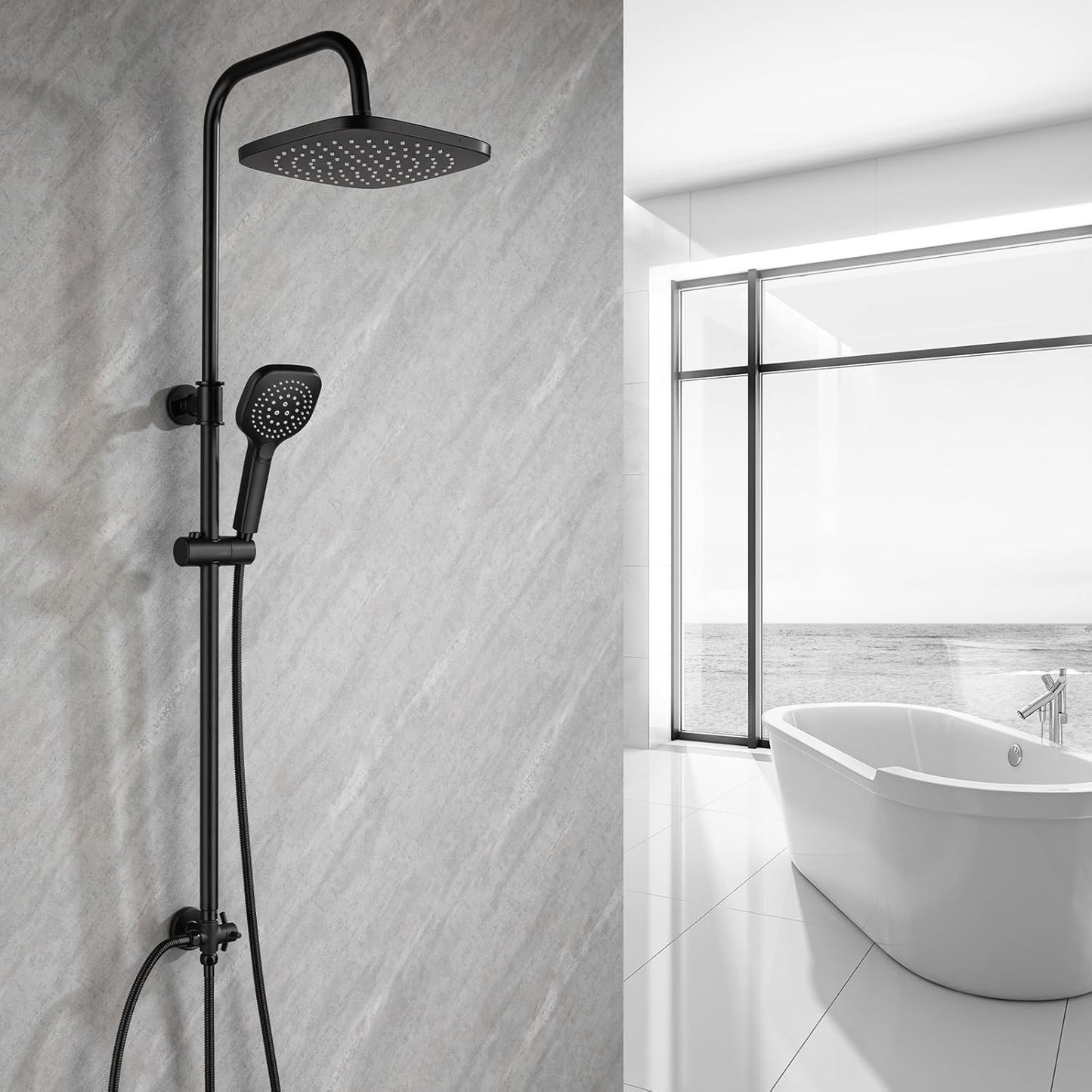 Shower Riser Rail Kit Black 25cm Rainfall Head Handheld Brass Diverter Tap Set
