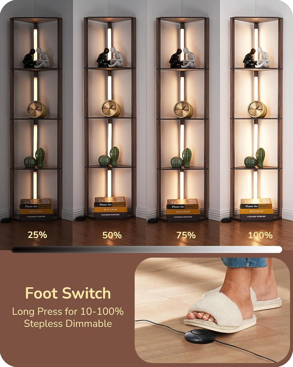 EDISHINE LED Floor Lamps with Shelves 4 Layers Wood Dimmable Standing Lamp 360°
