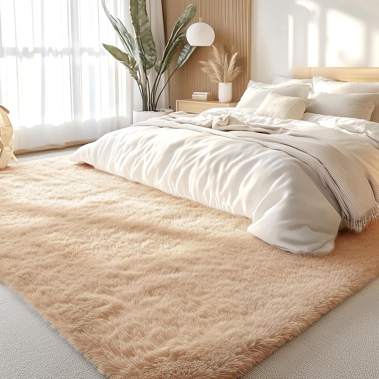 Large Shaggy Area Rug 300x400cm Beige Fluffy Non Slip Washable Carpet Kids Mat
