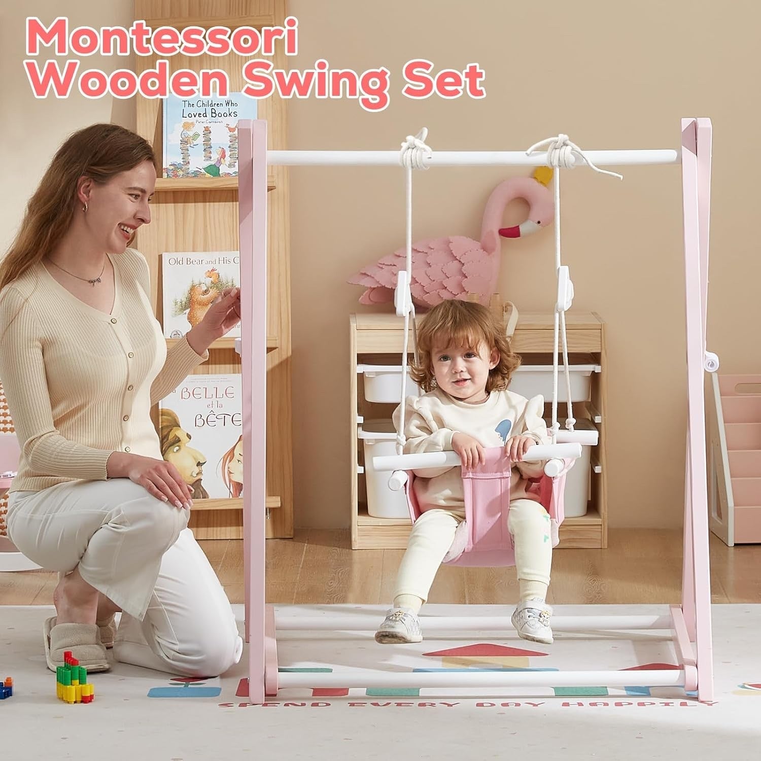 FUNLIO Wooden Toddler Swing Set Foldable Indoor Outdoor Baby 6-36M Pink Backyard